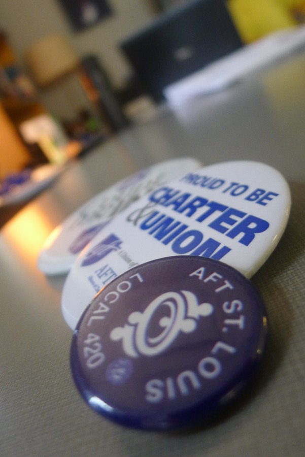 A Sept. 10, 2015 file photo of three buttons that support the union. The buttons say things such as, Count me in! and Proud to be Charter & Union.
AFT St. Louis, Local 420 is the American Federation of Teachers in St. Louis.