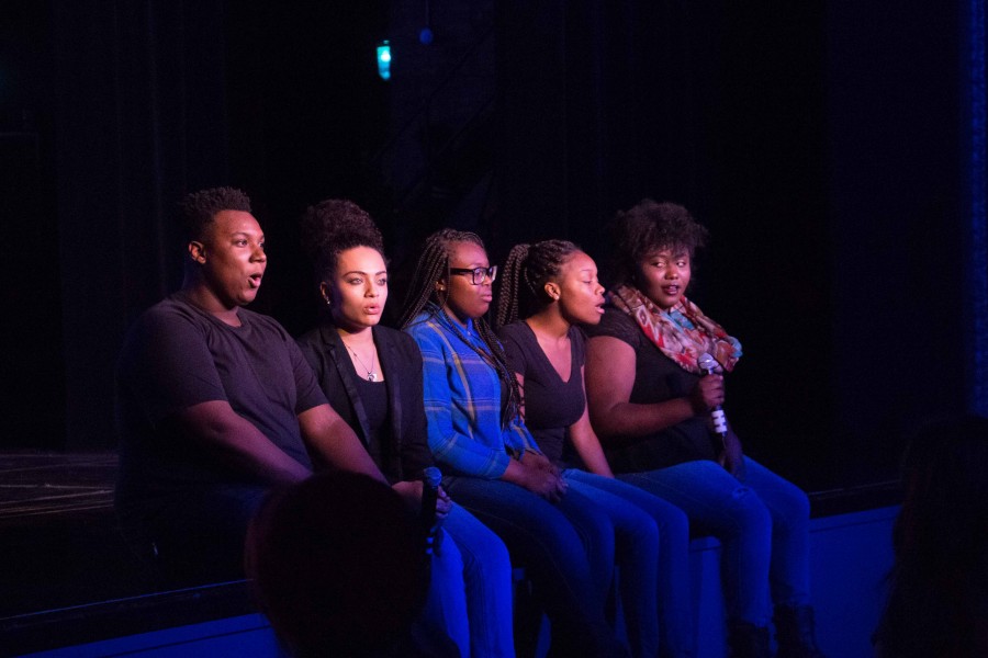 Aca-Soul takes the stage stage first singing Want You Back by The Jackson 5. Aca-Soul is a student led A Cappella group which consists of Randy Thompson, 12th, JeAnna Peterson, 11th, Demarnesha Jones 11th, Rachelle Martin, 12th, and Shaquana Williams, 11th. 