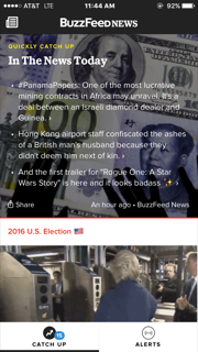 Screenshot from the mobile Buzzfeed news app. The design of the app makes it easier for people to view up and coming news stories. 