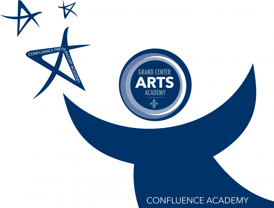 This piece of artwork shows a combination of the logos for the three schools underneath Confluence Charter Schools: Confluence Preparatory Academy, Grand Center Arts Academy, and Confluence Academy.