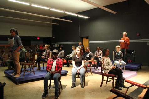 The cast rehearses a scene from the final act of The Laramie Project. 