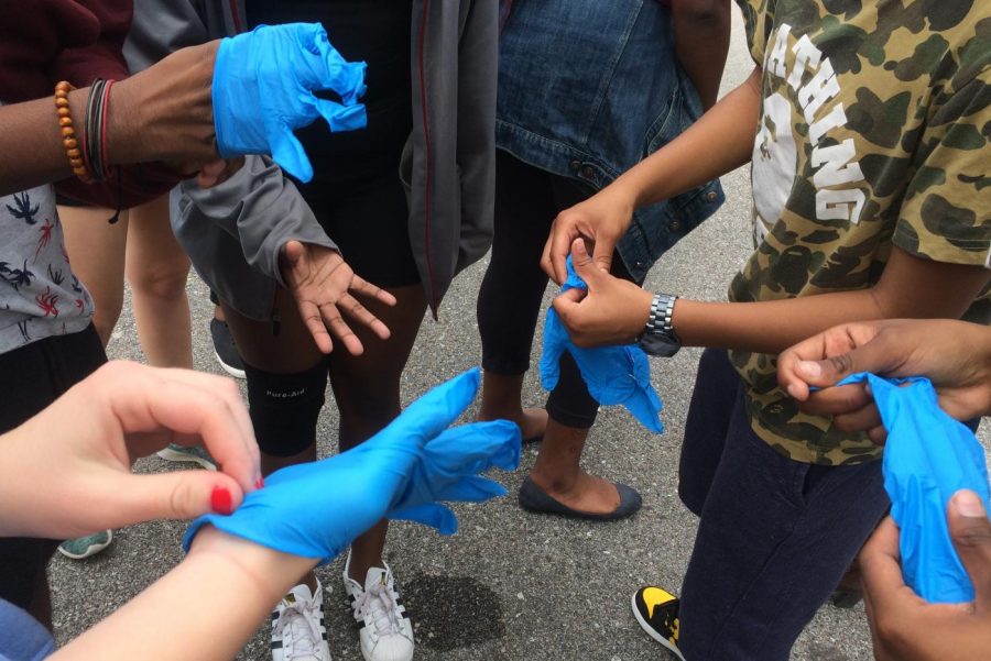 Theater students from Brandon Riley and Shaun Sheleys classes put on gloves before picking up trash in the parking lot.