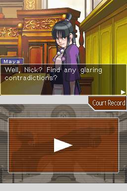 Maya Fey speaks to Phoenix Wright after listening to a witnesss testimony in Phoenix Wright: Ace Attorney. Used with permission.