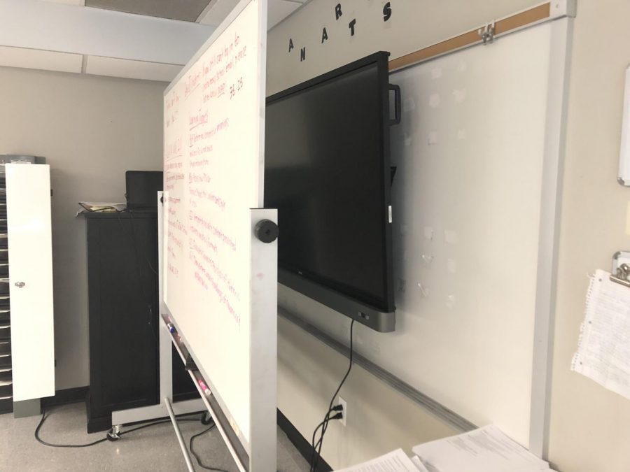 A portable whiteboard stands in front of English teacher Dana Chamberlains BenQ Board after it was mounted on her board without being connected. Before science teacher Bradford Buck came and helped her get it connected, she still relied on her old projector, using the whiteboard in place of the BenQ for several weeks. 