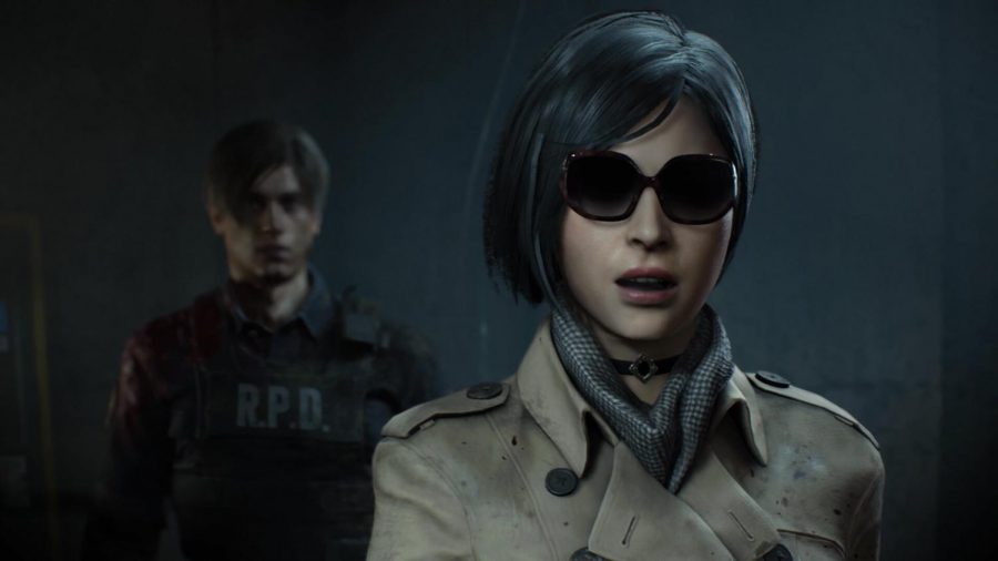 Ada Wong (front right) and Leon S. Kennedy (back left) in Resident Evil 2. Used with permission.