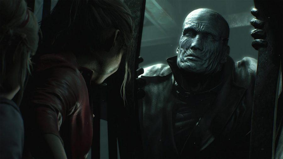 Mr. X cornering Claire Redfield and Sherry Birkin in Resident Evil 2. Used with permission.