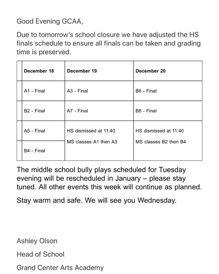 Photo screenshot of the high school finals schedule sent via email from Head of School Ashley Olson.