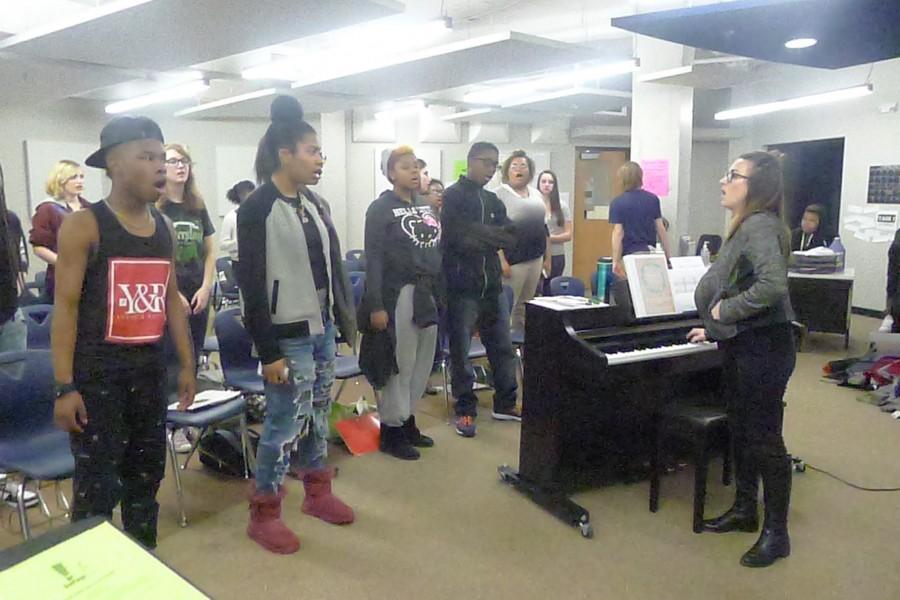 Concert Choir students participate in daily warm ups led by director Kristine Gage. 