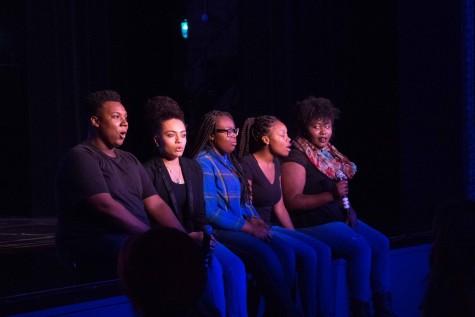 Aca-Soul takes the stage stage first singing "Want You Back" by The Jackson 5. Aca-Soul is a student led A Cappella group which consists of Randy Thompson, 12th, JeAnna Peterson, 11th, Demarnesha Jones 11th, Rachelle Martin, 12th, and Shaquana Williams, 11th. 