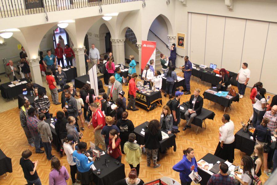 Freshman attend Career Day on the sixth floor. Students explore different career paths and businesses such as the army, Coast Guard, St. Louis Symphony, and St. Louis Public Radio. 