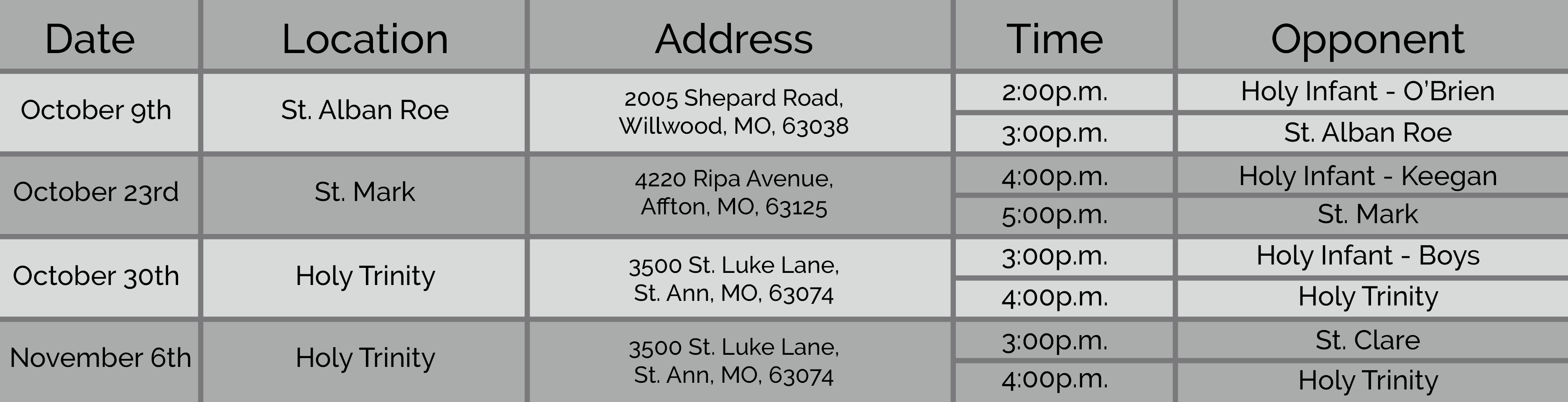 Above are the upcoming dates, locations, and opponents for GCAA's upcoming volleyball games.