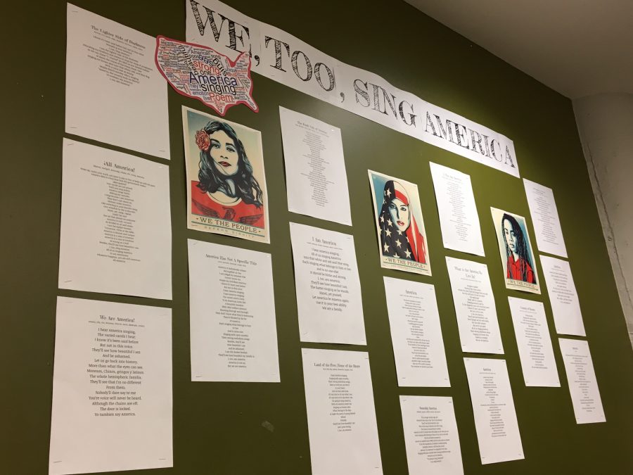 Sixteen poems written by freshmen students hang on the fourth floor. Each poem is used to express to readers what it mean to be an American. 