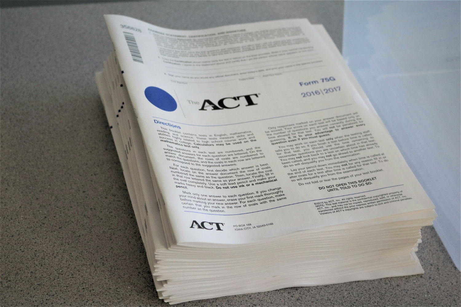 A stack of ACT test materials stacked on a proctors desk, moments before students began testing on April 19th.