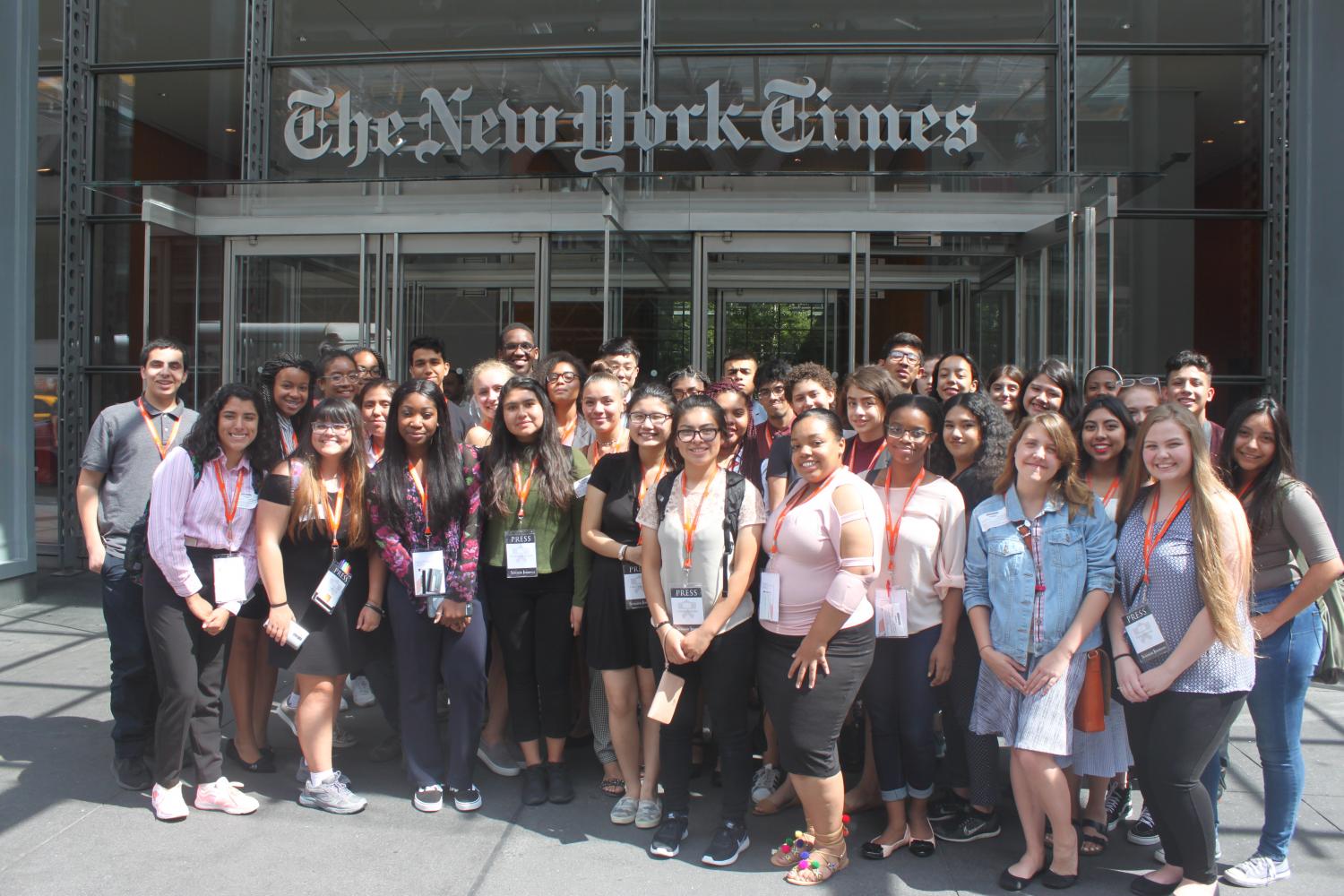 The Princeton Summer Journalism class of 2017 poses for a group photo outside of The New York Times headquarters. Students had the opportunity to tour the building, as well as ask reporters about their experience in the field. 