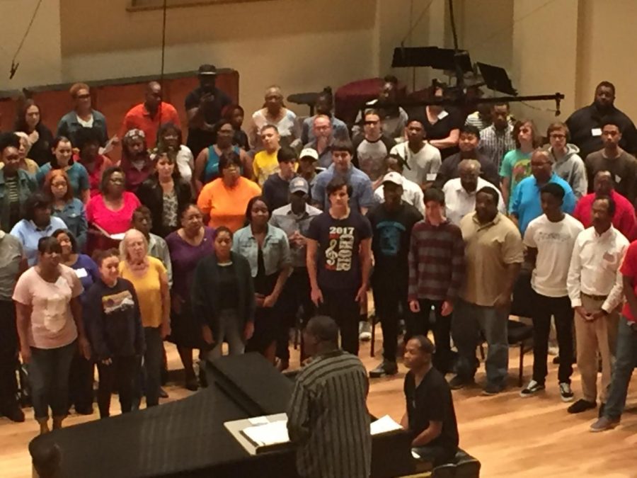 All GCAA choirs with the IN UNISON Chorus singing "Tshotscholoza" under direction of Kevin McBeth on the stage of Powell Hall. Photo Courtesy of the Saint Louis Symphony Orchestra. 