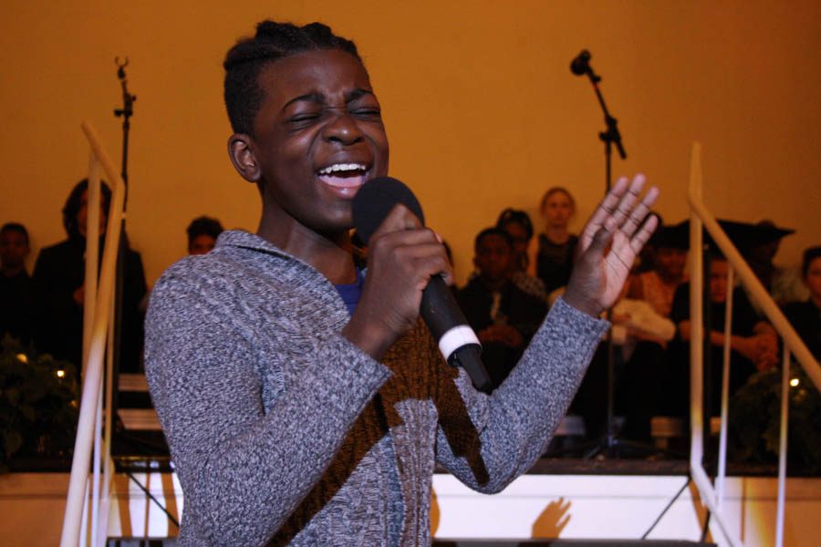 In last year's middle school Cabaret Night at The Franklin Room in Soulard, Devontae Graham, freshman, sings a traditional song called "Grandma's Hands".