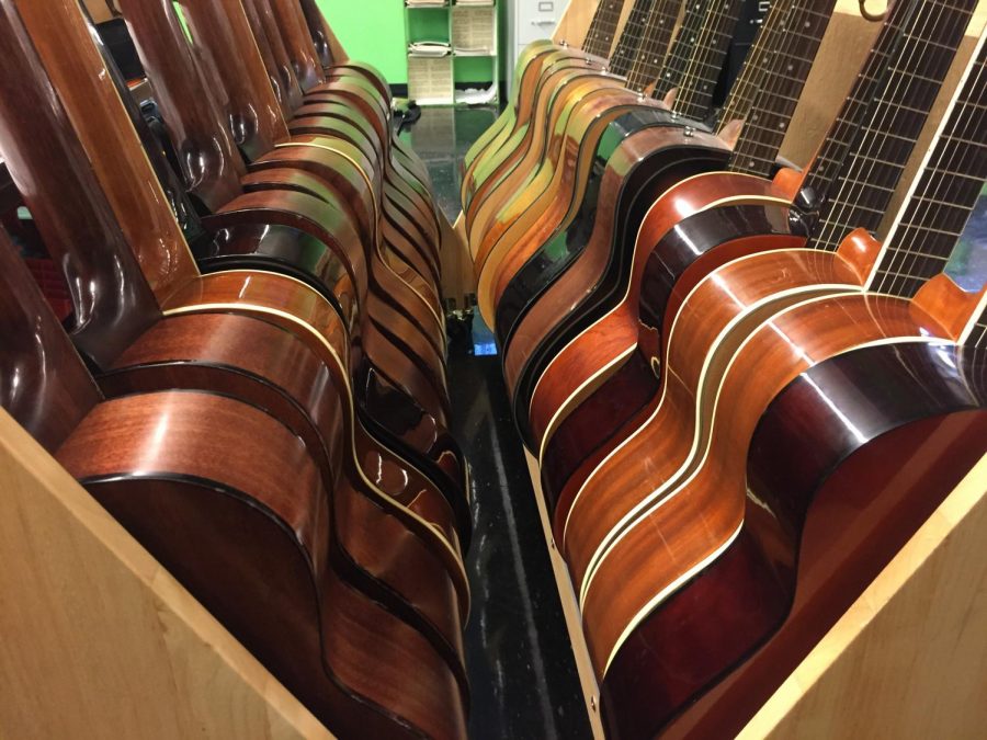 Guitars were moved into Raynard Brown's choir room after the flood. Classical guitars were not damaged, with the exception of one. 