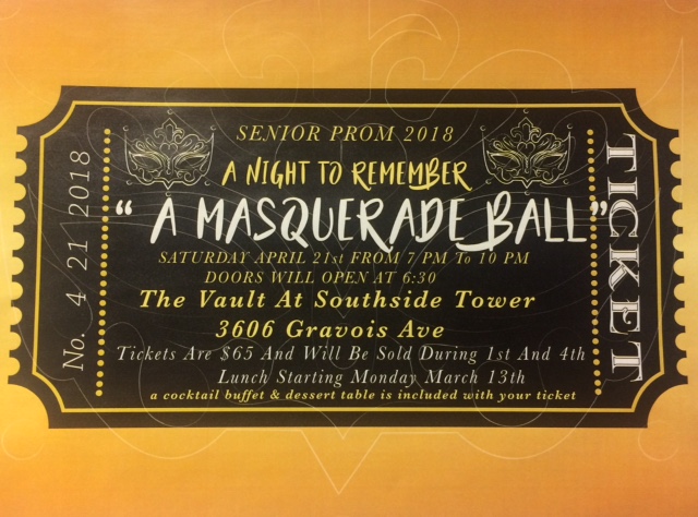 Advertisement for the 2018 junior/senior prom, "Masquerade". 