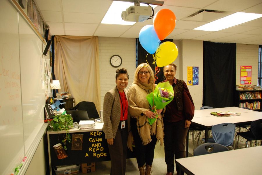 Denise Pranger, Middle School English teacher, poses with Dr. Candice Carter-Oliver, CEO of Confluence Charter Schools, and Gina Bell-Moore,  GCAA Upper Academy Principal, after being surprised with her award.