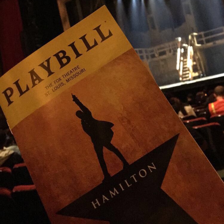 The official Playbill for Hamilton by Lin-Manuel Miranda. Hamilton is a rapped-through musical that tells the life story of Founding Father Alexander Hamilton. 