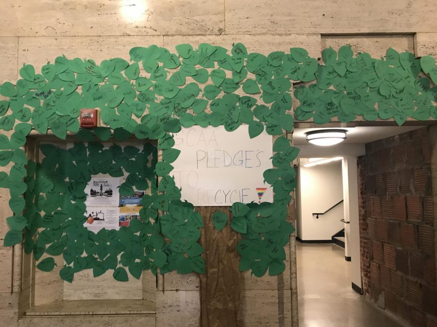 A decorative tree outside the cafeteria, made of signed pledges to recycle by students of GCAA.