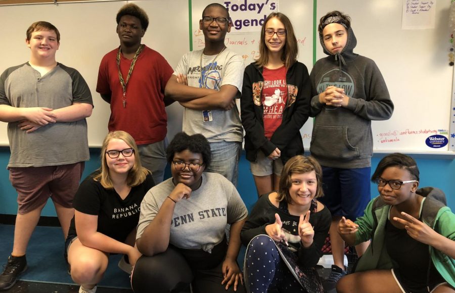 Student council members pause a morning meeting for a photo. (Back row from left to right) Sam Meyer, Timothy Pitts, Katherine Bittle, Jie Crusoe, and Colin Schuessler. (Front row from left to right) Nola Kelley, Baelana Hendrix,  Anna Landgraf, and Dylan Miller. 