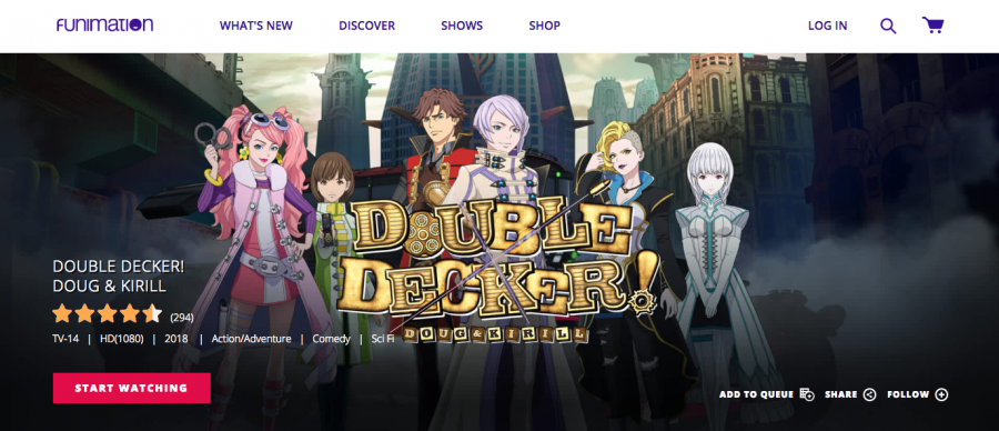 A screenshot of the cover of Double Decker on Funimation. The two main characters are centered, Doug on the left, and Kirill on the right.