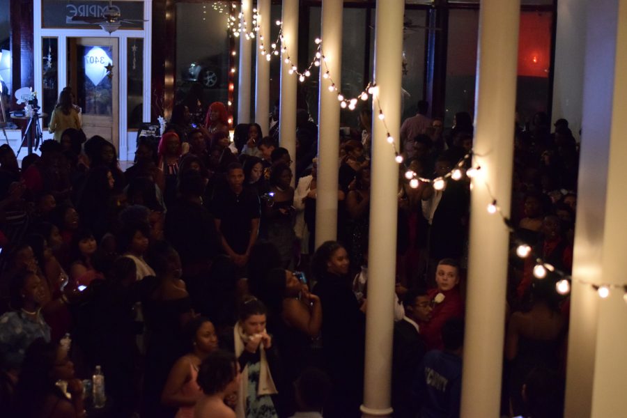 The homecoming crowd from the venue's balcony. The DJ played music from the balcony while the attendees were on the main floor.