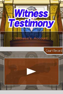 "Witness Testimony" screen from "Phoenix Wright: Ace Attorney". Used with permission.