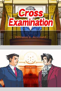 "Cross Examination" screen from "Phoenix Wright: Ace Attorney". Used with permission.