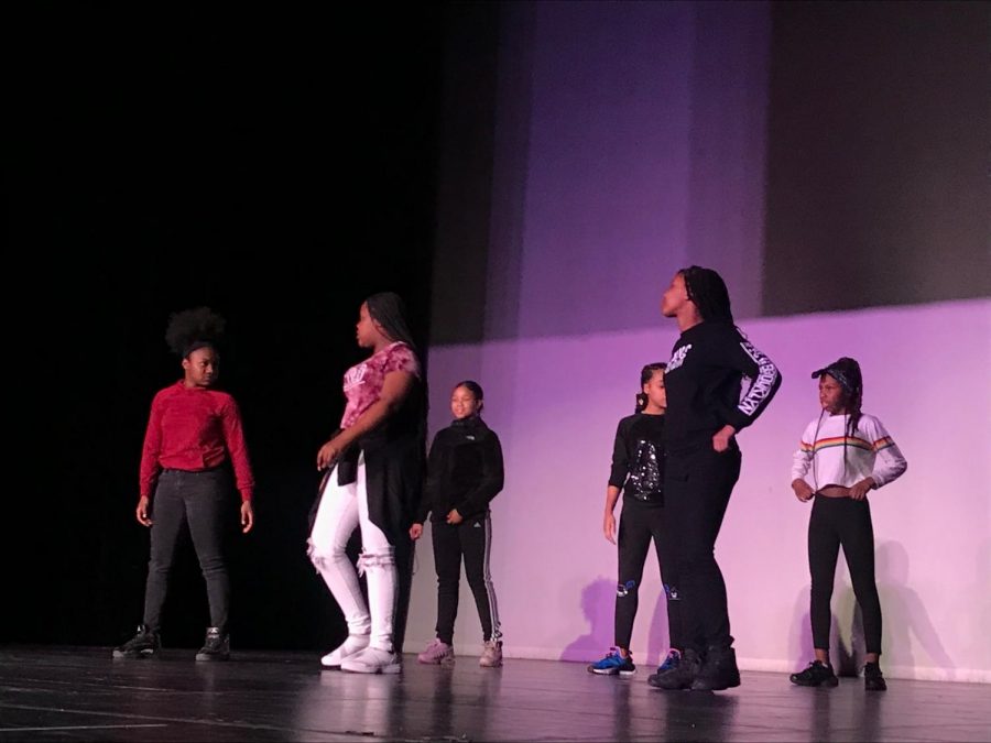 "Team Swag", consisting of London Walker, Bry'on Boyle, Ania Goodman, Isreal Lanos, and Tamia Williams dancing in unison.