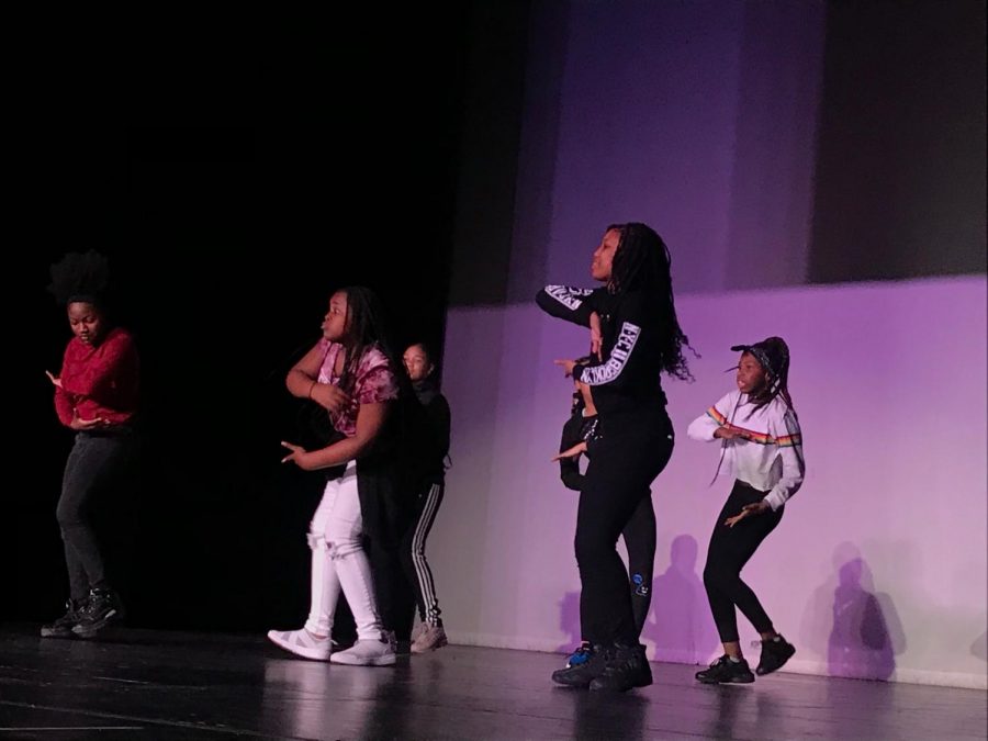 "Team Swag", consisting of London Walker, Bry'on Boyle, Ania Goodman, Isreal Lanos, and Tamia Williams dancing in unison.