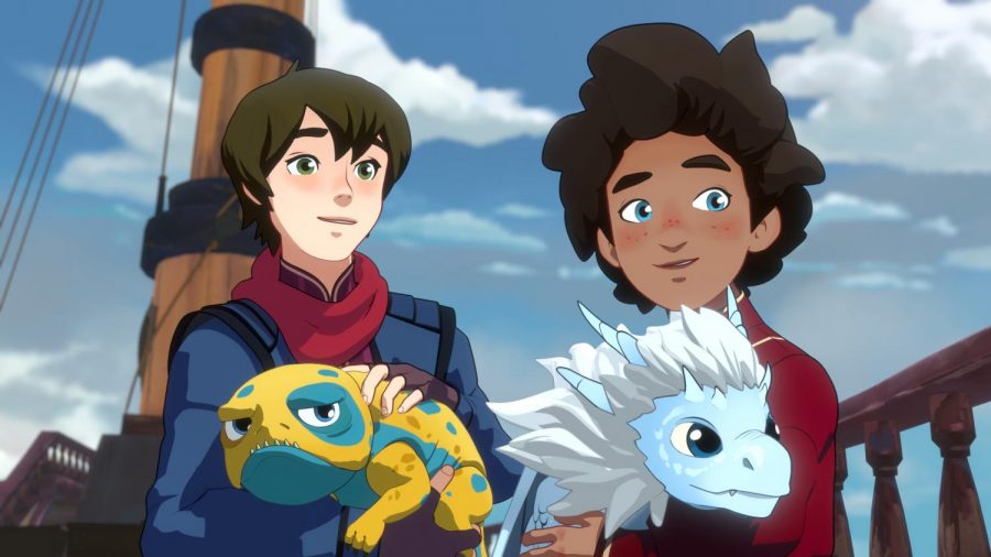 Callum holding Bait (left) and Ezran holding Zym (right) in Netflix's "The Dragon Prince." Used with permission.