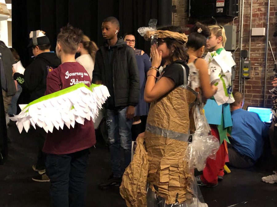 Pre-show rush, creators gather backstage to make their last alterations. Students practiced their runway walks and added to their outfits under the supervision of science teacher Cassandra Lentz and Makerspace teacher Josh Linn.