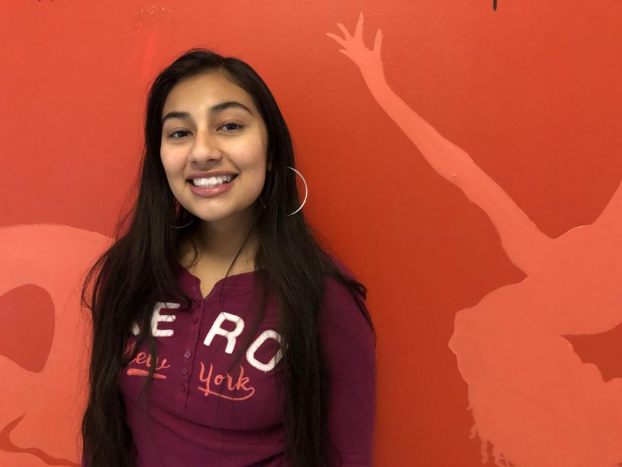 In front of a mural representing the theatre and dance departments, sophomore Nayla Nava poses for the camera. 