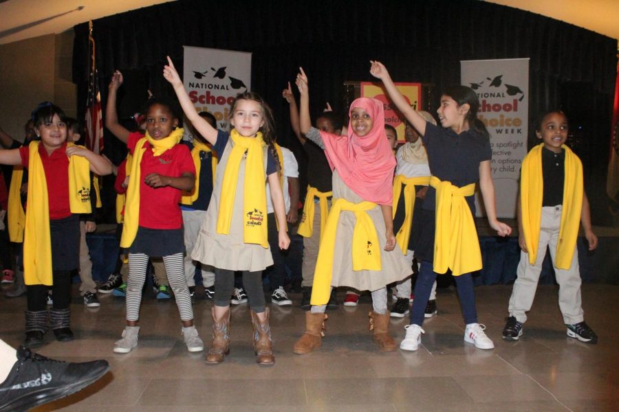 Scuola Vita Nuova Charter School students perform a choreographed dance in between speeches at the rally. Scuola was one of the few schools to perform others being Gateway STEM High School and GCAA middle and high school.