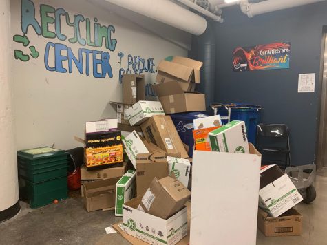 Four days' worth of uncollected recycling sitting in the recycling center.