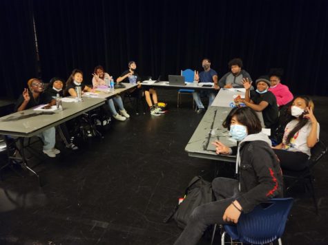 Students (Left to Right) Junior Terriana McNeal,  Sophomore Zoe Ervin, Senior Nayla Nava, Freshman Kamillia Bradley, Junior Colin Schuessler, Junior Jie Cruesoe, Senior Kareem Matthews, Freshman Israel Lanos, Senior Eddie Houston, Senior Jermiah Williams, and Junior Noah Trevino rehearsing for fall play “Milk Like Sugar.”