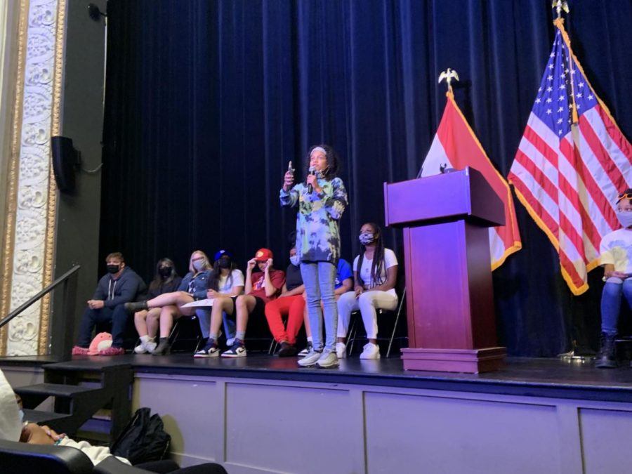 7th grader Amira Alderson giving her speech for middle school President.