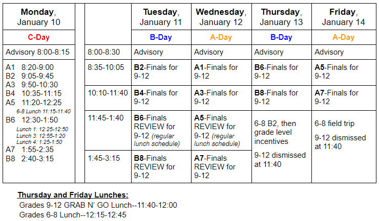 Finals schedule for the week of January 10-14