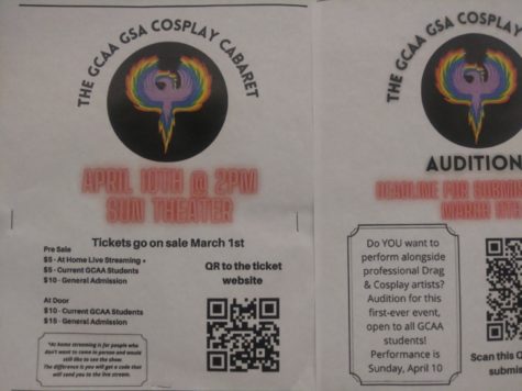 Photo of GSA's Cosplay Cabaret event with QR to the ticket website