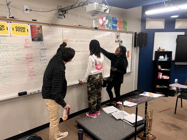 GCAA sophomores from left  to right Noah Parker, Safiya Austin-El, and Danielle Singleton working on the opperetta.